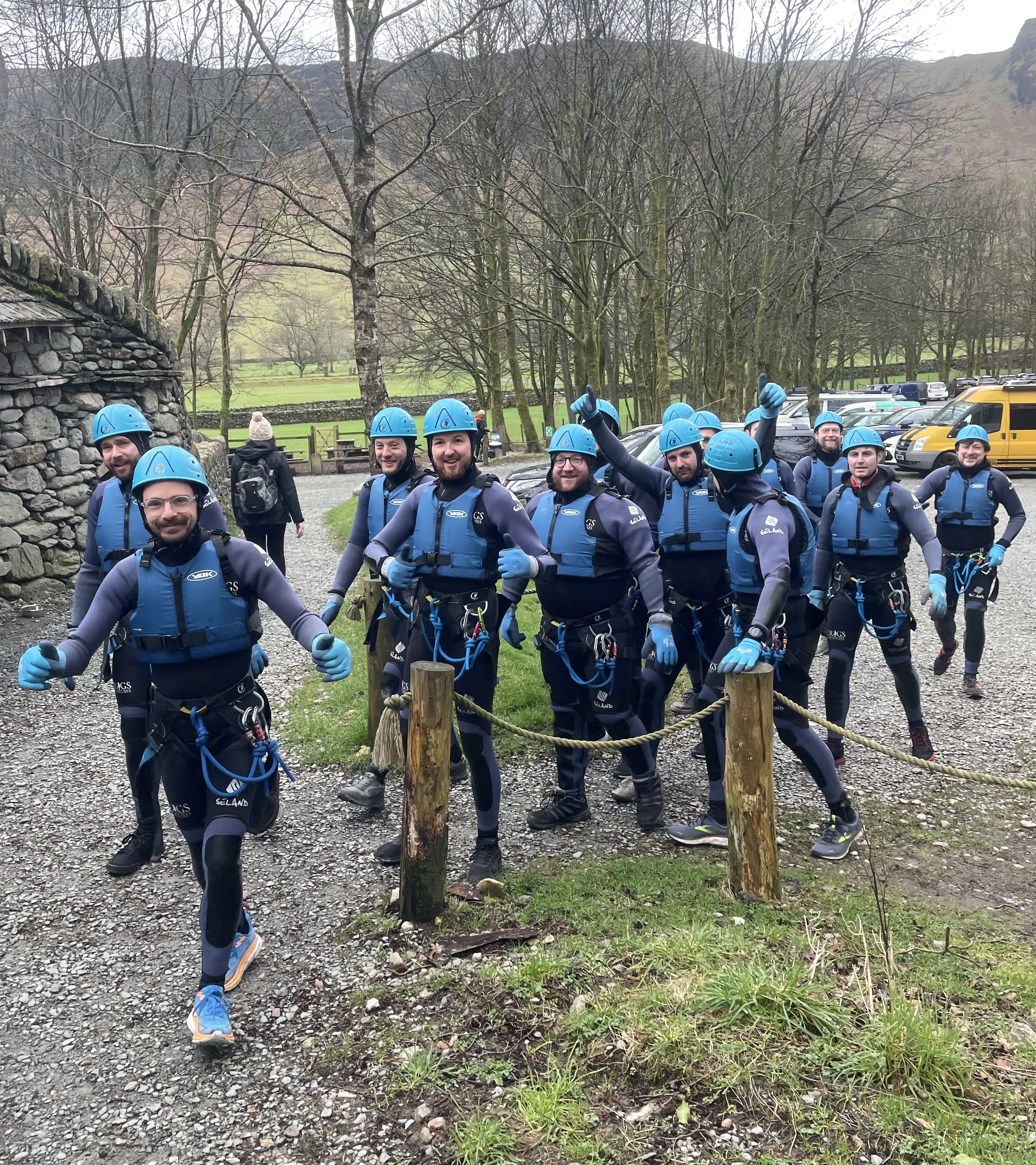 a group ready to do a canyoning activity in the Lake District with Crags Adventures